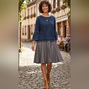 Navy Blue Denim Striped Dress Bell Sleeves Sz 10M Above Knee